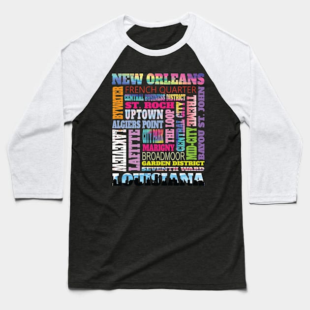 Fun New Orleans Louisiana Neighborhoods NOLO Mardi Gras Baseball T-Shirt by Envision Styles